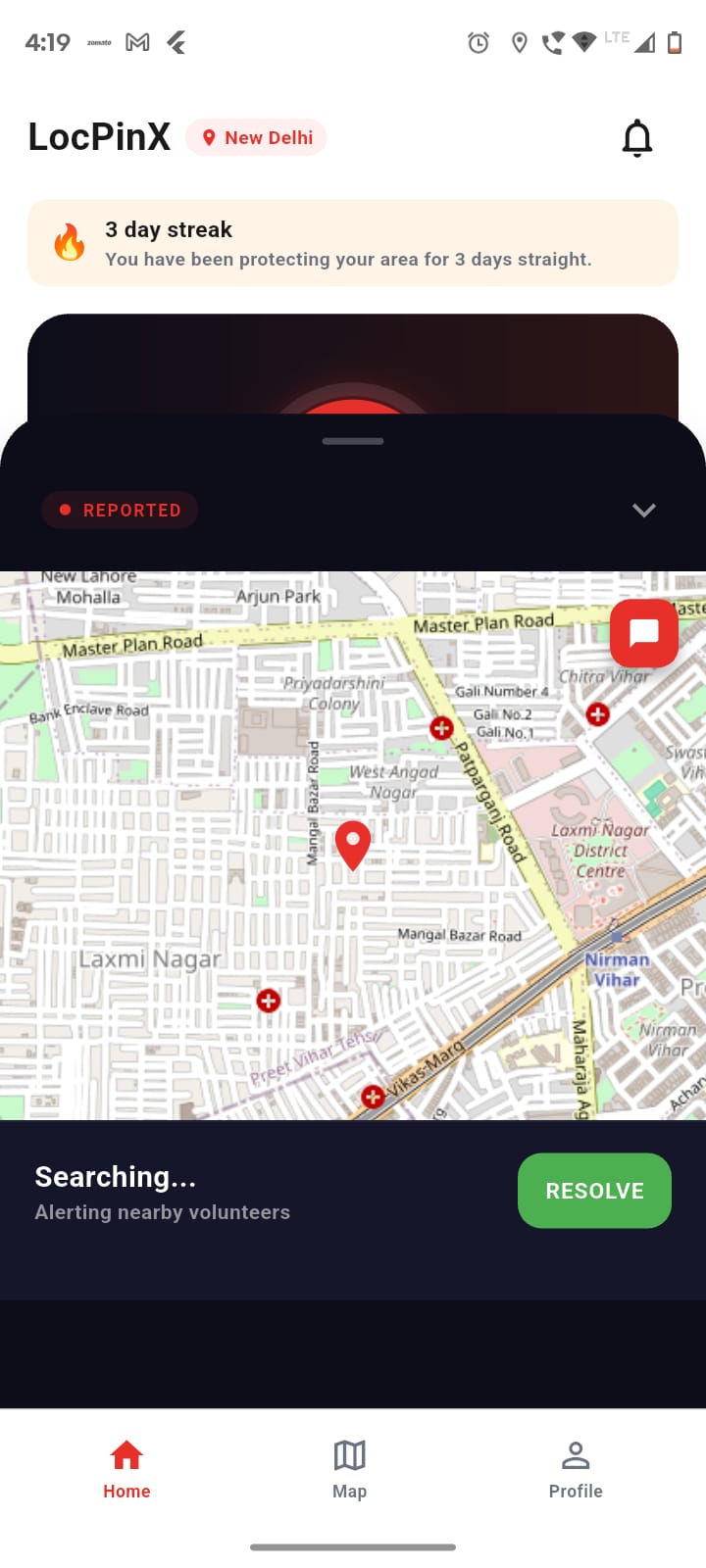 Home incident response flow while searching nearby volunteers