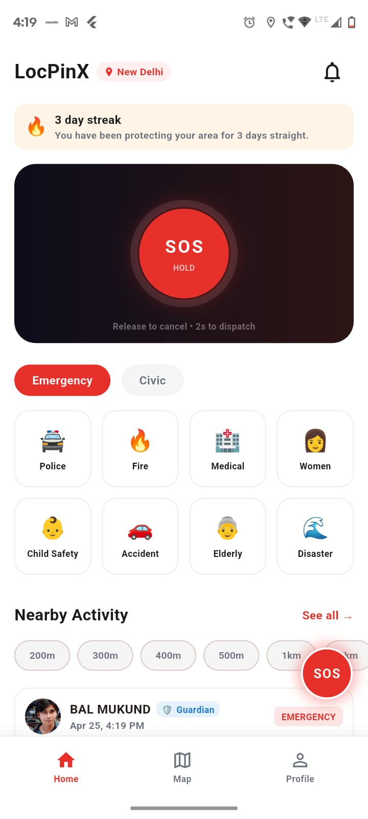Home screen with visible SOS action button