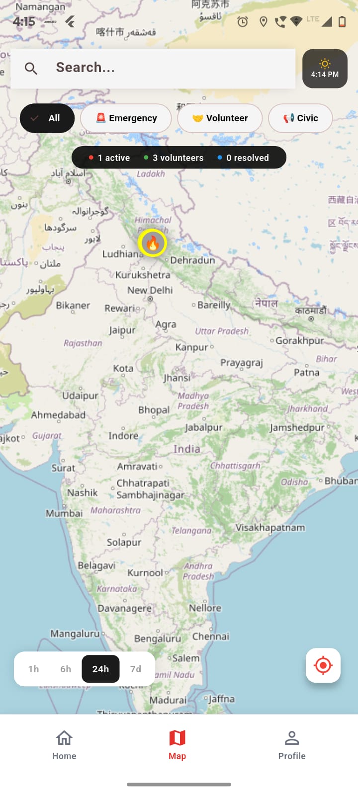 Nationwide safety map with active incident markers