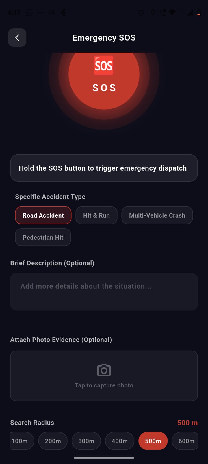 SOS Screen with emergency type and radius options